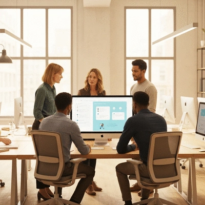 Modern web agency team collaborating on a digital project in a bright office, discussing strategies