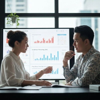 Entrepreneurs discutant de stratégies de marketing digital avec des graphiques de croissance