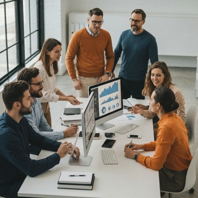 Team of SEO experts collaborating in a modern office, discussing analytical data on screens