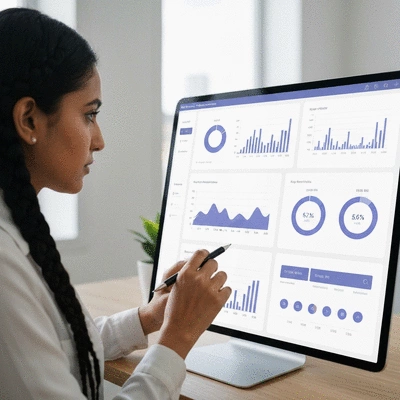 Person analyzing SEO ROI metrics on a dashboard, with charts and data visualization