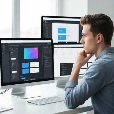 Web developer working on a modern, responsive website on multiple screens, clean image