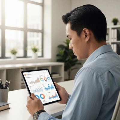 Webmaster analysing website performance data on a tablet with charts and graphs