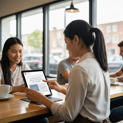 Small business owner interacting with customers online on a tablet, representing social media engagement
