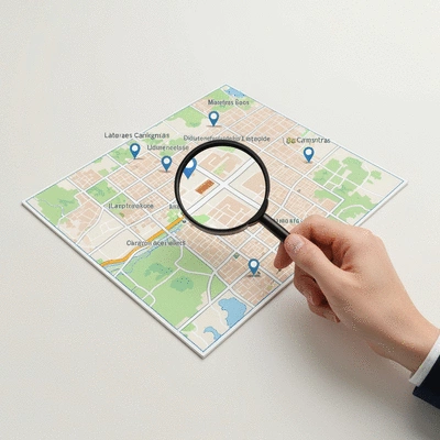 Hand holding a magnifying glass over a map of Carpentras, symbolizing local SEO research
