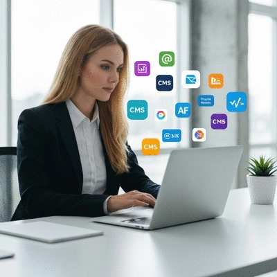 Person using a laptop to choose a CMS, with various CMS logos floating around, clean image, no text, no words, no typography