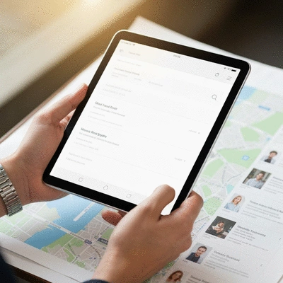 Hands holding a tablet displaying local search results, with a blurred map and business listings in the background