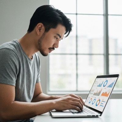Person using a laptop to analyze SEO data with charts and graphs, representing SEO optimization