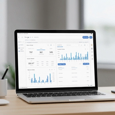Google Analytics dashboard showing website performance metrics on a laptop