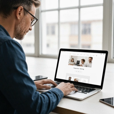 Person using a laptop with website design on screen in a bright, modern setting