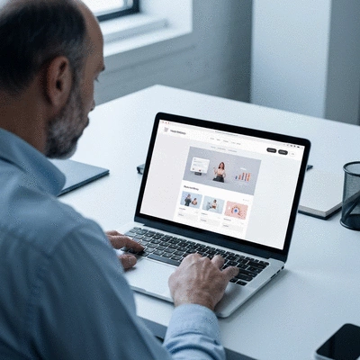 Person using a laptop with a modern website on screen, symbolizing web redesign