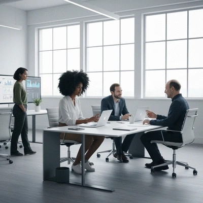 Équipe de professionnels du web collaborant dans un bureau moderne, montrant l'intégration de nouvelles technologies.