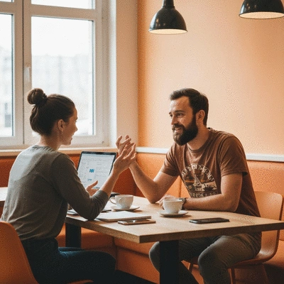 Client discutant avec un webmaster local dans un café