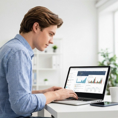 Webmaster working on a laptop, showing website code and analytics, with a clean and modern office background, no text, no words, no typography, 8K