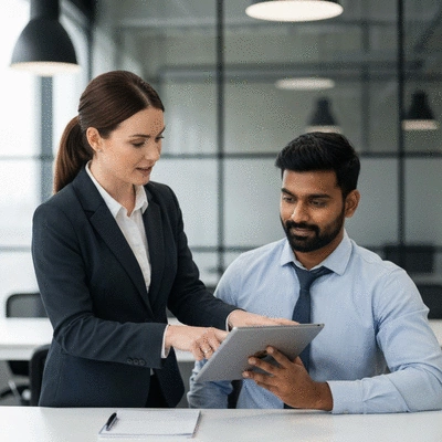 Local expert helping a small business owner choose a CMS on a tablet, in a modern office setting, clean image, no text, no words, no typography