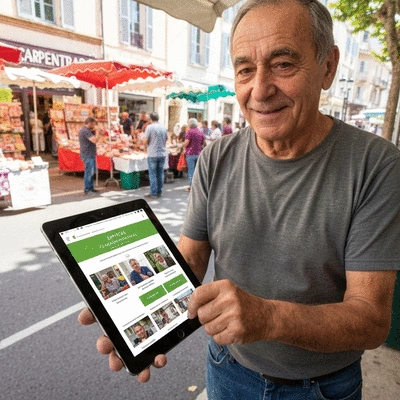 Artisan using a tablet with a well-designed website displaying local services