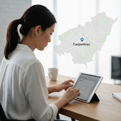 Personne utilisant une tablette pour optimiser le référencement local à Carpentras