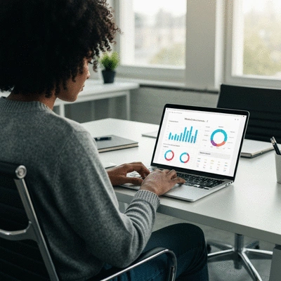 Person using a laptop with website speed metrics on screen, representing website optimization and analytics