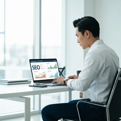 Personne travaillant sur un ordinateur portable avec des graphiques SEO affichés