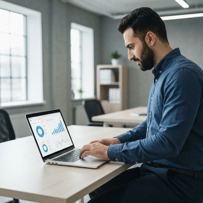 Person using a laptop to analyze website data, with charts and graphs on screen