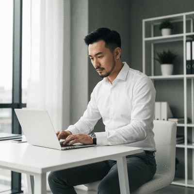 Person using a laptop to strategize digital marketing for a small business in a modern office environment