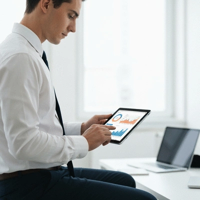 Business professional in Carpentras using a tablet to review website analytics, modern office setting, clean image