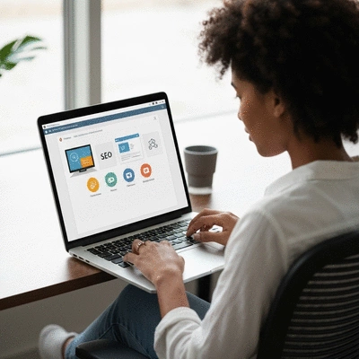 Personne travaillant sur un ordinateur portable affichant des éléments de conception de site web et d'icônes SEO, illustrant l'intégration du SEO dès la conception du site, pas de texte, pas de mots, pas de typographie, 8K, image propre