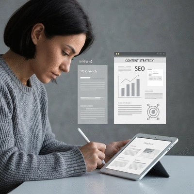 A person writing content for a blog on a tablet, with SEO keywords and content strategy elements visible on the screen, no text, no words, no typography, clean image