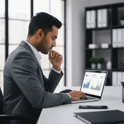 Webmaster expert en SEO travaillant sur un ordinateur portable, avec des graphiques de performance SEO affichés à l'écran, dans un environnement de bureau moderne à Carpentras, no text, no words, no typography, 8K