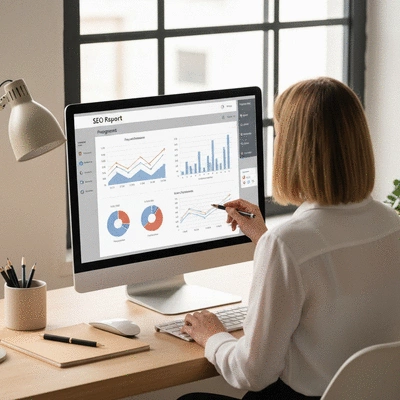 Person reviewing SEO report with charts and graphs, showing progress and improvements