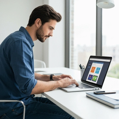 Webmaster local travaillant sur un ordinateur portable dans un bureau moderne