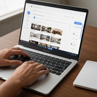 Close-up of hands typing on a laptop keyboard with a Google Maps interface on screen, showing local business listings, clean image, no text, no words, no typography