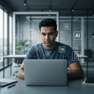 Webmaster working on a laptop, surrounded by icons representing SEO, CMS, and AI tools, in a professional and modern office setting, no text, no words, no typography