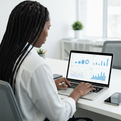 Personne travaillant sur un ordinateur portable, affichant des graphiques SEO, dans un bureau moderne et lumineux