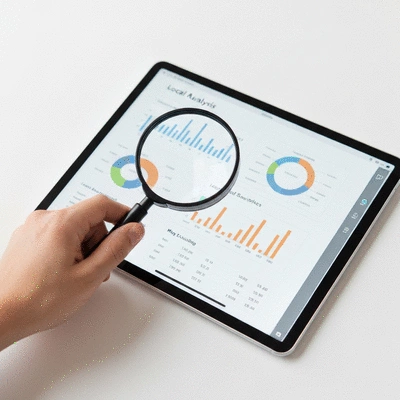 Main tenant une loupe au-dessus d'un graphique d'analyse SEO