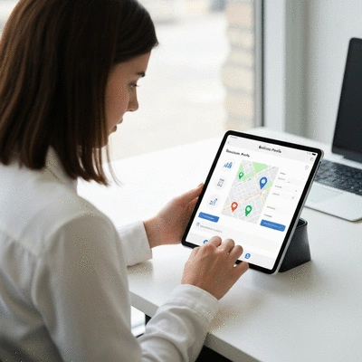 Person using a tablet to manage an online business profile, with location pins visible on a map interface, clean image, no text, no words, no typography